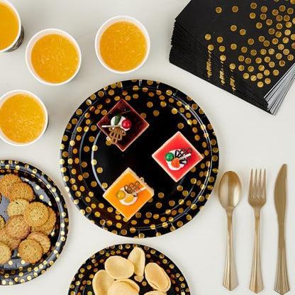 Black and Gold Party Supplies - 350 PCS Disposable Dinnerware Set - Black Paper Plates Napkins Cups, Gold Plastic Forks Knives Spoon for Halloween, Graduation, Birthday, Cocktail Party - color: Black & Gold
