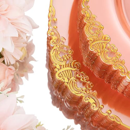 Hioasis 175pcs Pink and Gold Plates - Pink Party Plates for 25 Guest, Include 50 Heavy-duty Plates(20% Thicker Than Standard), 75 Cutlery Set, 25 Napkin, 25 Cups for Party & Easter - color: Pink and Gold