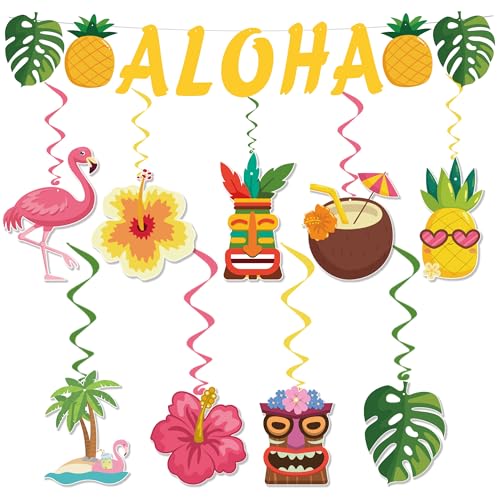 Luau Party Decorations - 9PCS Hanging Swirls, ALOHA Banner | Hawaiian Themed Party Decorations for Beach Pool Party - Tropical Birthday Decorations Party Favors Supplies for Summer Home Office School Decor Outdoor Indoor - color: Red Green Yellow