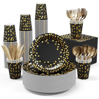 Black and Gold Party Supplies - 350 PCS Disposable Dinnerware Set - Black Paper Plates Napkins Cups, Gold Plastic Forks Knives Spoon for Halloween, Graduation, Birthday, Cocktail Party - color: Black & Gold