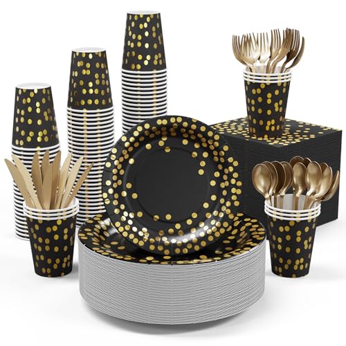 Black and Gold Party Supplies - 350 PCS Disposable Dinnerware Set - Black Paper Plates Napkins Cups, Gold Plastic Forks Knives Spoon for Halloween, Graduation, Birthday, Cocktail Party - color: Black & Gold