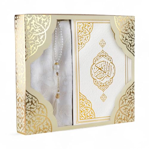 FURKAN Thermo Leather Quran Beige with Prayer Rug and Prayer Beads, Zuhre Gift Box - Cream - color: Beige