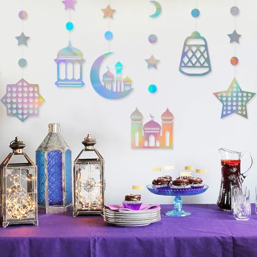Iridescent Ramadan Decorations for Home, 6 Pcs Star Moon Mosques Garland Islamic Hanging Streamers Backdrop Holographic Eid Mubarak Banner for Birthday Wedding Night Party Supplies