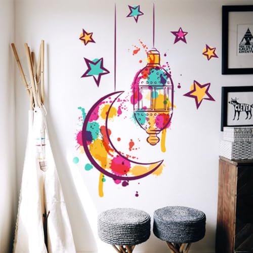Eid Mubarak Wall Stickers Colorful Lantern Moon Star Wall Decals Ramadan Decorations for Home Bedroom Wall Paper Islamic Decor Window Clings Muslim Wallpaper Kareem Party Wall Mural (Style6) - color: Style6