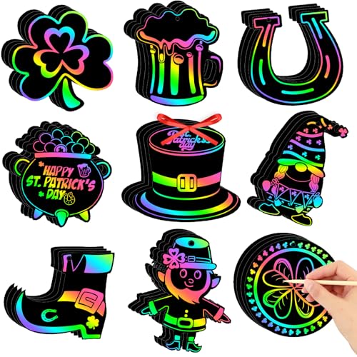 FEBSNOW 48 PCS St. Patrick’s Day Crafts for Kids, Rainbow Magic Scratch Art Shamrock Hanging Ornaments Scratch Paper Cards for St Patricks Day Party Favors Kids School Classroom DIY Crafts Decorations - style: St. Patrick’s Day
