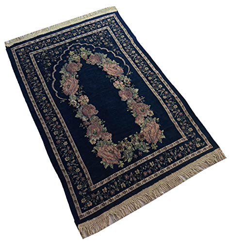 Islam Portable Sajadah Carpet Thin Prayer Mat Janamaz AMN-211 Floral Design Chenille Worship Blanket Travel Rug Namaz Area Muslim Gift (Dark Blue) - color: Dark Blue