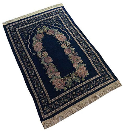 Islam Portable Sajadah Carpet Thin Prayer Mat Janamaz AMN-211 Floral Design Chenille Worship Blanket Travel Rug Namaz Area Muslim Gift (Dark Blue) - color: Dark Blue
