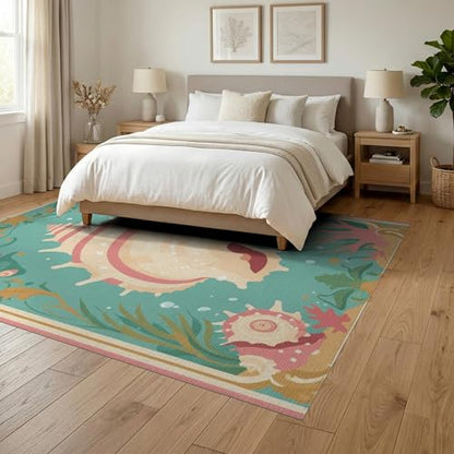 6'x9' Washable Beachy Seashell Area Rug, Seafoam Green Foldable Non-Slip Large Carpet for Queen Size Bedroom, Under Bed, Master Bedroom, Foldable Easy Care Carpet| Ref:1952455 - color: Green/Pattern 1, size: 6' x 9' (Rectangular)