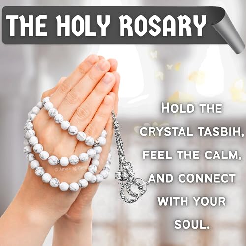 Amazing Gemstone Howlite Tasbeeh with Moon and Star Charm - Certified Crystal Muslim Prayer Beads Natural Gemstone Tasbih Gift for Ramadan Dhikr and Daily Namaz (S) - color: Howlite