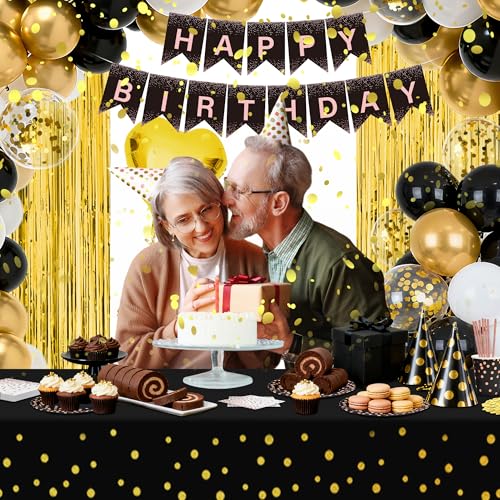 165 Pcs Black and Gold Birthday Decorations for Men and Women,Party Supplies Kit with Tablecloth,Paper Plates, Balloon, Happy Birthday Banner, Fringe Curtains, Cake Topper, Cups, for 25 Guests - style: Black and Gold