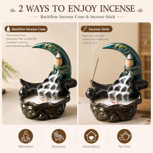 Ceramic Incense Holder Backflow Handcraft Moon Incense Burner with 30 Incense Cones 1 Tweezer 1 Mat 30 Incense Sticks for Home Decoration Ornament Aromatherapy and Meditation