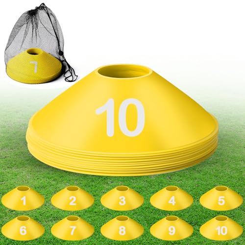 10 Pcs Numbered Sports Disc Cones 1-10 Soccer Cones with Mesh Carry Bag Flexible Agility Cones Soft Field Cones for Gym PE Classes School Activities Games, Sports Training Equipment - color: Yellow