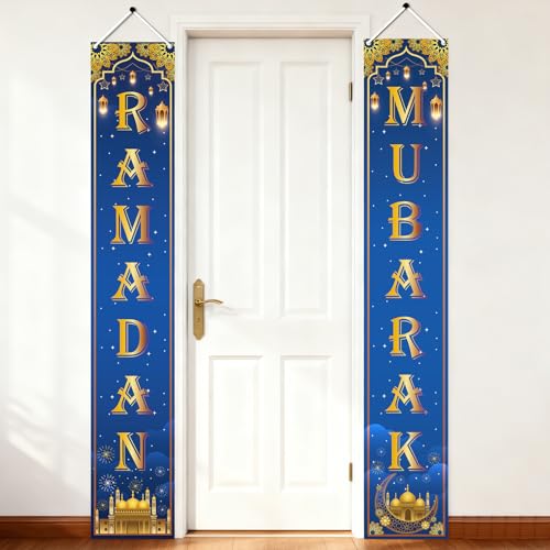 Ramadan Door Decorations for Home - 2PCS Eid Mubarak Door Decorations Sign for Porch, Ramadan Mubarak Holiday Festival Backdrop Banner Supplies Decor for Office (70.9 x 11.8 Inch)