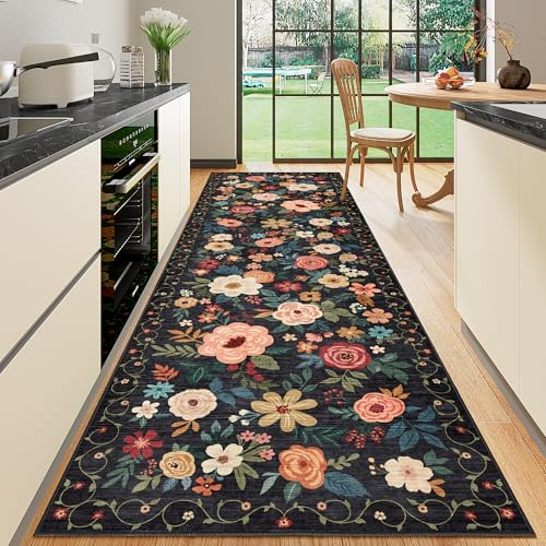 DUKINO 3x10 Runner Rug, Floral Washable Kitchen Runner Rug Non Slip, Black - color: Black, size: 3' x 10' (Rectangular)