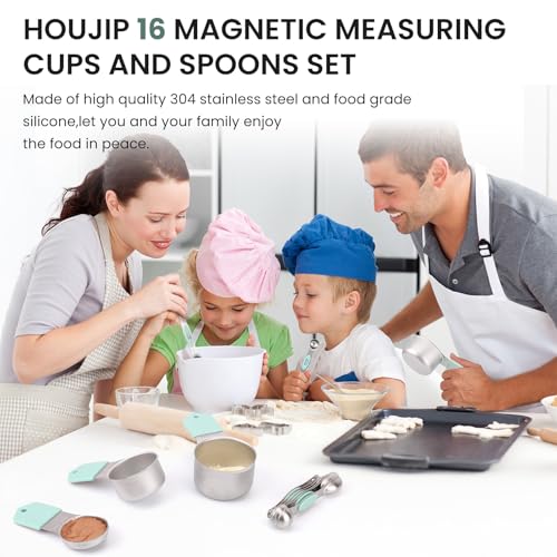 Magnetic Measuring Cups and Spoons Set-Heavy Duty 304 Stainless Steel | Double Measurement Markings,BPA-Free,Set of 16 with Leveler for Measuring Dry and Liquid Ingredients(Mint) - color: Mint