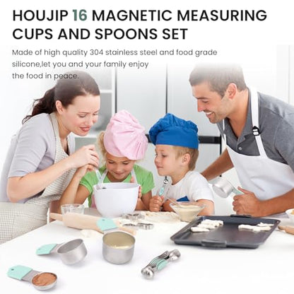 Magnetic Measuring Cups and Spoons Set-Heavy Duty 304 Stainless Steel | Double Measurement Markings,BPA-Free,Set of 16 with Leveler for Measuring Dry and Liquid Ingredients(Mint) - color: Mint