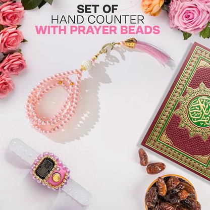 Islamic Tasbih Prayer Beads & Digital Tasbeeh Counter Set – 3 Pack Muslim Prayer Gift for Dhikr, Meditation & Ramadan, Elegant Beads with LCD Finger Counter in Heart-Shaped Gift Box (Pink) - color: Pink