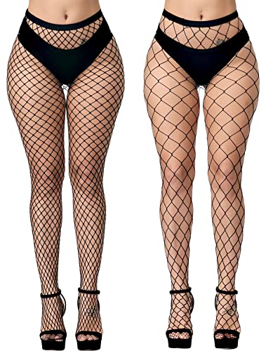 E-Laurels Womens High Waist Patterned Fishnet Tights Suspenders Pantyhose Thigh High Stockings Black - color: Black 2 Pcs L+xl