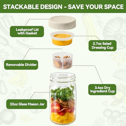 4 Pack Glass Salad Pod Mason Jar with Dressing Cup, 32 oz Salad Container to Go with Lids Meal Food Prep for Adults Lunch, Large Travel Mason Jar Bowl with 2 Insert Dressing & Topping Holder - color: 4 White Salad Jars (Not Side Open Design)