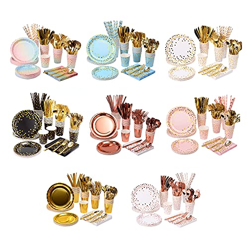 200pcs Solid Gold Party Supplies - Gold Paper Plates & Napkins, Silverware, Serves 25 Sets for Wedding, Bridal Shower, Engagement, Birthday Parties - color: Gold