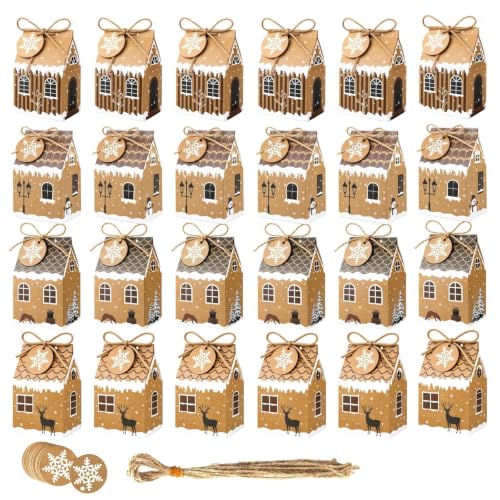 ONESING 24 Pcs Small Christmas Treat Boxes with Gift Tags, Mini Gingerbread House Candy Boxes for Party Favors, Treats Packaging, Goodie Bags, Xmas Decor - color: Colorful-G