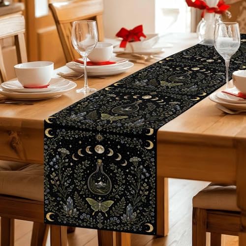 Whimsical Lunar Table Runner Butterfly Floral Moonphases Quartzcrystals Black 13x60 Inches Long Cotton Linen Table Runner Burlap Style for Dinner Table Party Decor Tabletop Decorations - size: 13" x 60"