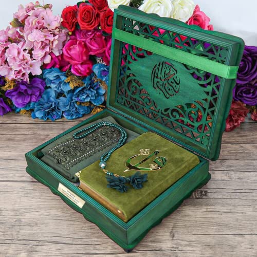 Quran Lux Shawl Misbaha Prayer Rug in Quran Stand Wooden Box | Luxury Islamic Gift Box For Women | Islamic Gift For Her, Mom, Girlfriend | Eid Ramadan Gift (Green) - color: Green