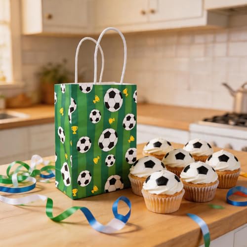 LAOREI 12 Pcs Soccer Goodie Bags, Green Soccer Party Favor Bags with Handles, Paper Gift Bags Soccer Themed Party Gift Bags for Birthday Party Soccer Party Supplies - color: Green
