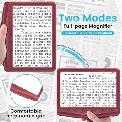 Rechargeable 5X Magnifying Glass for Reading, Large Bright Full Page Magnifier with Light, Handheld LED Dimmable Lighted, Lightweight Book Magnifier for Reading Small Prints Seniors - Red - color: Red
