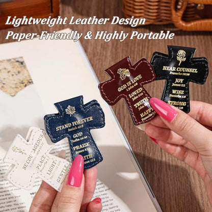 4 PCS Cross Shaped PU Leather Magnetic Bookmarks, Christian Bible Verse Clips with Gold Foil Stamping & Faith Quotes, Leather Book Markers, Religious Gift for Readers, Students & Church Members - style: Christian Bible Verse