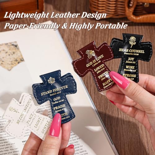 4 PCS Cross Shaped PU Leather Magnetic Bookmarks, Christian Bible Verse Clips with Gold Foil Stamping & Faith Quotes, Leather Book Markers, Religious Gift for Readers, Students & Church Members - style: Christian Bible Verse