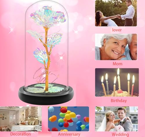 Fvawe Birthday Gifts for Women,Rose Glass Flowers Gifts for Mom,Galaxy Crystal Light Up Rose in A Glass Dome,Presents Girlfriend Wife Sister Grandma Her Anniversary Valentines Mothers Day - color: Gold Colorful