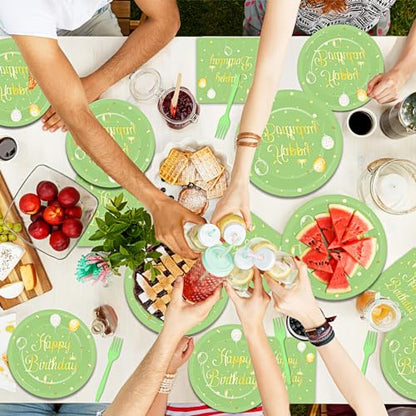 Qyeahkj 100 Pcs Sage Green Birthday Party Supplies Olive Green Gold Paper Plates Napkins Forks Tableware Set Disposable Greenery Happy Birthday Party Decorations for Women Men Girls Favors Serve 25 - style: Sage green birthday