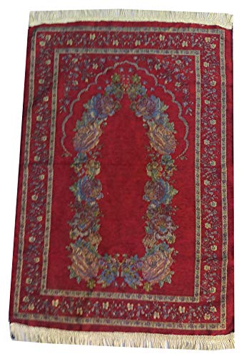 Islam Portable Sajadah Carpet Thin Prayer Mat Janamaz AMN-211 Floral Design Chenille Worship Blanket Travel Rug Namaz Area Muslim Gift (Red) - color: Red