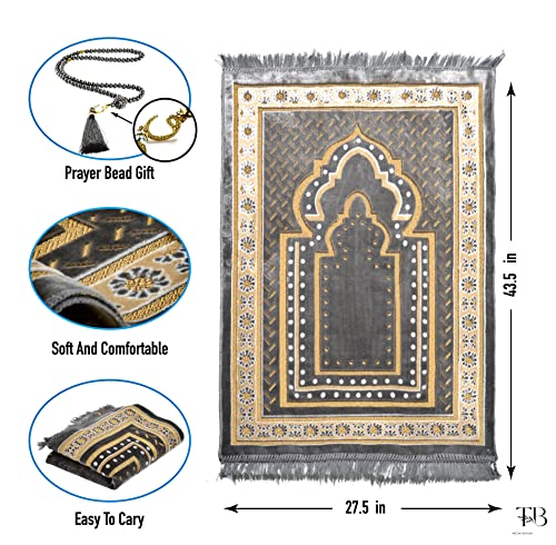 TB Islamic Prayer Rug Soft Velvet Muslim Mat Unique Arabic Turkish African Embroidered Design Prayer Bead Daily Salah Prayer Meditation Ramadan Eid Gift for Women Men Kids (Dark Gray) - color: Dark Gray
