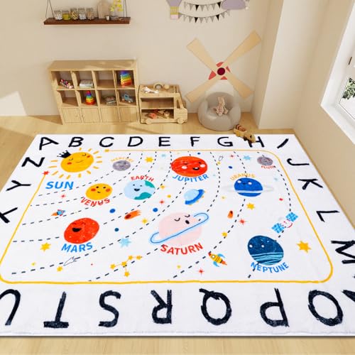 ABC Space Classroom Rug Elementary Rug,6'7" x 9'2" Non-Slip Solar System Alphabet Rugs, Soft Plush Educational Large Rugs for Classroom playroom Bedroom Infant Room Decor(for Age 0-2 Year) - size: 6'7" x 9'2" (Rectangular)