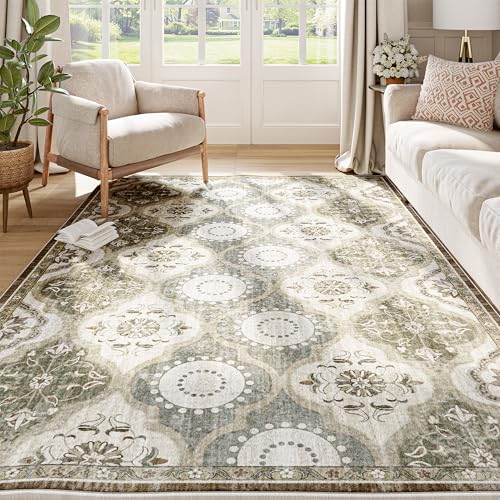 EnHomee Washable Area Rugs 4x6, Soft Area Rug for Living Room Bedroom, Boho Non Slip Low Pile Stain Resistant Washable Rug Large Carpet for Dining Room,Easy to Clean Living Room Rug, Green - color: Green, size: 4x6
