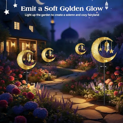 Lewondr 2Pcs Ramadan Solar Lights, Ramadan Decorations Outdoor, Metal Yard Signs LED Eid Decorations Mubarak Star Moon Lantern, Waterproof Solar Garden Stakes Lights for Walkway Lawn Patio - style: Moon and Lantern