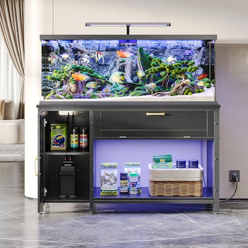 Bestier 55-75 Gal Fish Tank Stand with Power Outlet & LED Light, Black | RGB Led 22 Modes, Storage Cabinet With 3-Level Adjustable Shelf, Pull-Out Drawer, 37X18 In, 726Lbs Capacity, 4 Leveling Feet - size: 55-75 Gallon