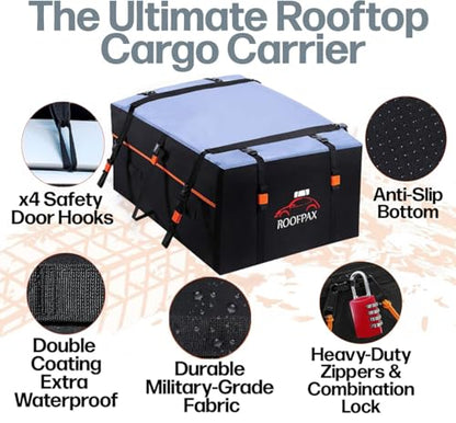 XXL 28 cuft Car Rooftop Cargo Carrier Bag Extra Waterproof Car Roof Storage with 10 Heavy Duty Tie Down Straps and 4 Hooks Roof Bag Cargo Carrier for Top of Vehicle with/Without Rack - size: 28 cubic feet