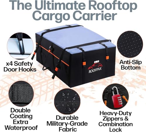 Waterproof 19 Cubic Feet Rooftop Cargo Carrier Bag – Heavy Duty Car Roof Storage with Double Zipper & Tie Down Straps – Fits Cars with or Without Roof Rack - size: 19 Cubic feet