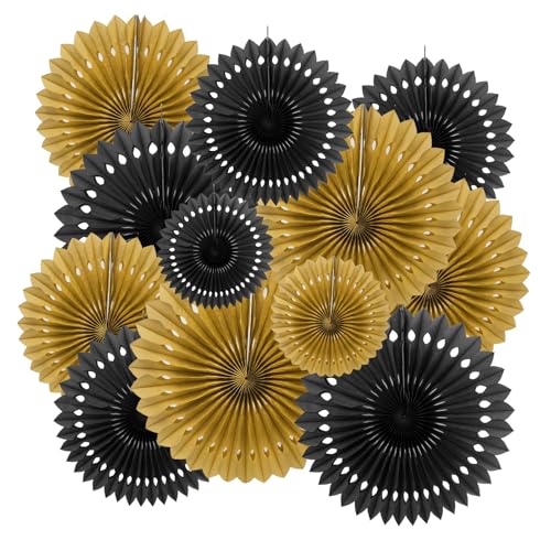 ZOOYOO Hanging Paper Fans Party Decorations,12 Pcs Black Gold Honeycomb Round Fans,Ceiling Decor for Birthday,Wedding,Graduations,Christmas,New Year Party Backdrop - color: Black and Gold