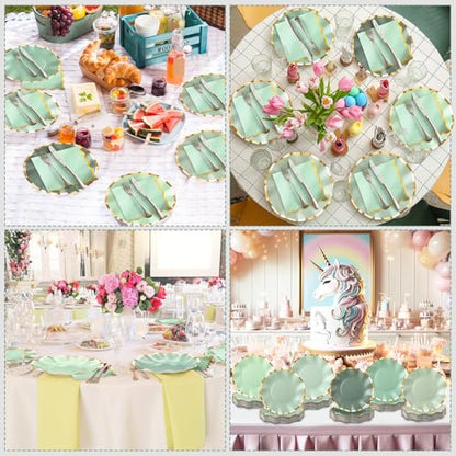 Havawish 48 Pcs Sage Green Scalloped Party Paper Plates and Napkins Cocktail Disposable 8'' Sage Green Dessert Paper Plates with Gold Foil Edge for Baby Shower Dinner Wedding Birthday Party Supplies - color: Sage Green