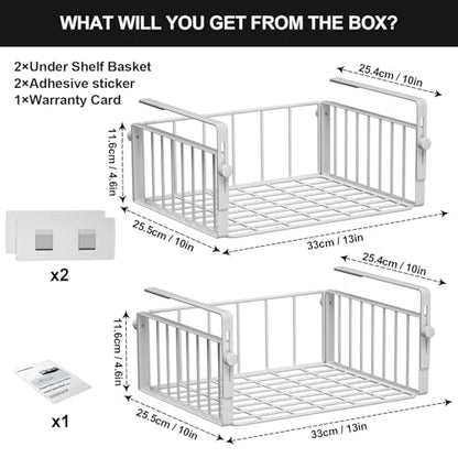 AmonHouseware 2Pack Under Shelf Storage Basket Organizer, White | Adjustable Hanging,Under Cabinet Add-on, Slide-in Baskets, for Laundry Room Kitchen Pantry Desk Bookshelf Counter Cupboard - color: White