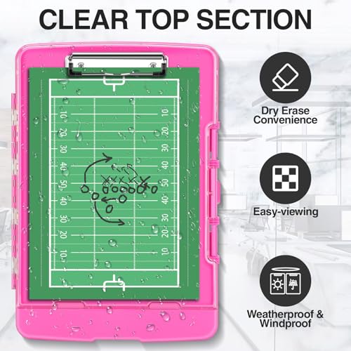 Sooez Original Clipboard with 2 Storage & Pen Holder, Heavy Duty Clip Boards 8.5x11 with Dual Storage, Clearview Dry Erase Coach Clipboard with Real Hinge, High Capacity, School & Office Supplies - color: Pink