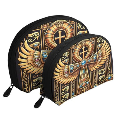 Egyptian Symbol 2-Piece Shell Makeup Bag Set, Large Capacity Travel Cosmetic Bag For Women With Zipper, Waterproof Polyester Toiletry Organizer Pouch For Purse, Travel, Gym & Daily Use - color: Egyptian Symbol