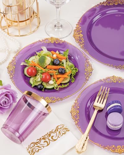 Nervure 175PCS Clear Purple Plastic Plates - Purple Party Plates Set for 25 Guests Include 25Dinner Plate, 25Dessert Plate, 25Cups, 75 Cutlery, 25Napkins Perfect for Wedding, Party & Bridal - color: Transparent Purple, style: 175Pcs(25Guests)