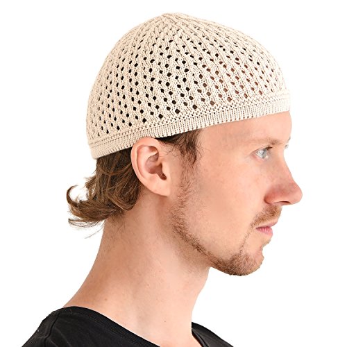 100% Cotton Skull Caps for Men, Knit Kufi Hat for Muslim Prayer, Women's Mesh Crochet Beanie, Ideal Head Wear During Summer - color: Beige