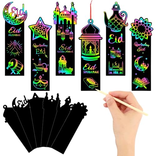 JUNEBRUSHS 30Pcs Ramadan Crafts, Rainbow Magic Ramadan Scratch Bookmarks for amadan Gifts Eid School Classroom Activities Ramadan Arts and Crafts Eid Party Favors - style: Ramadan Style