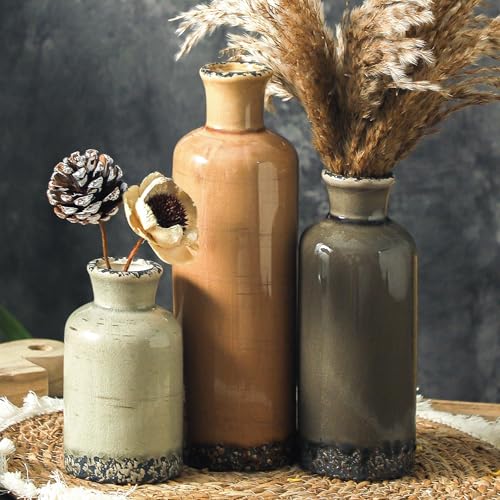 Ceramic Vase Set of 3, Neutral Flower Vases Home Decor, Pottery Rustic Farmhouse Decorative Vases Modern Decor for Table Mantel Entryway Bookshelf Living Room Kitchen Bedroom - Brown - color: 007 Rustic - Brown